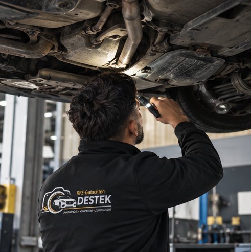 Gutachter prüft den Unterboden eines Fahrzeugs in der Werkstatt