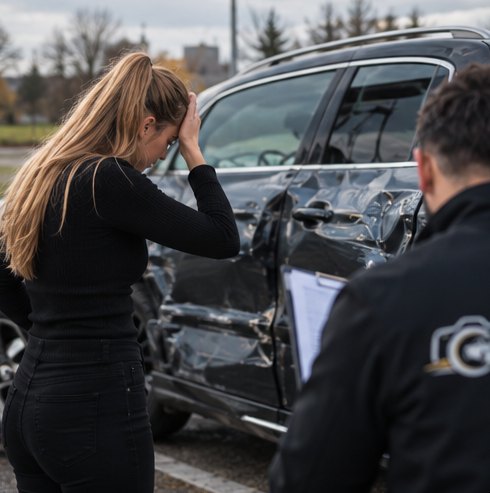 Unfallgeschädigte Frau neben ihrem beschädigten Fahrzeug, der Gutachter notiert