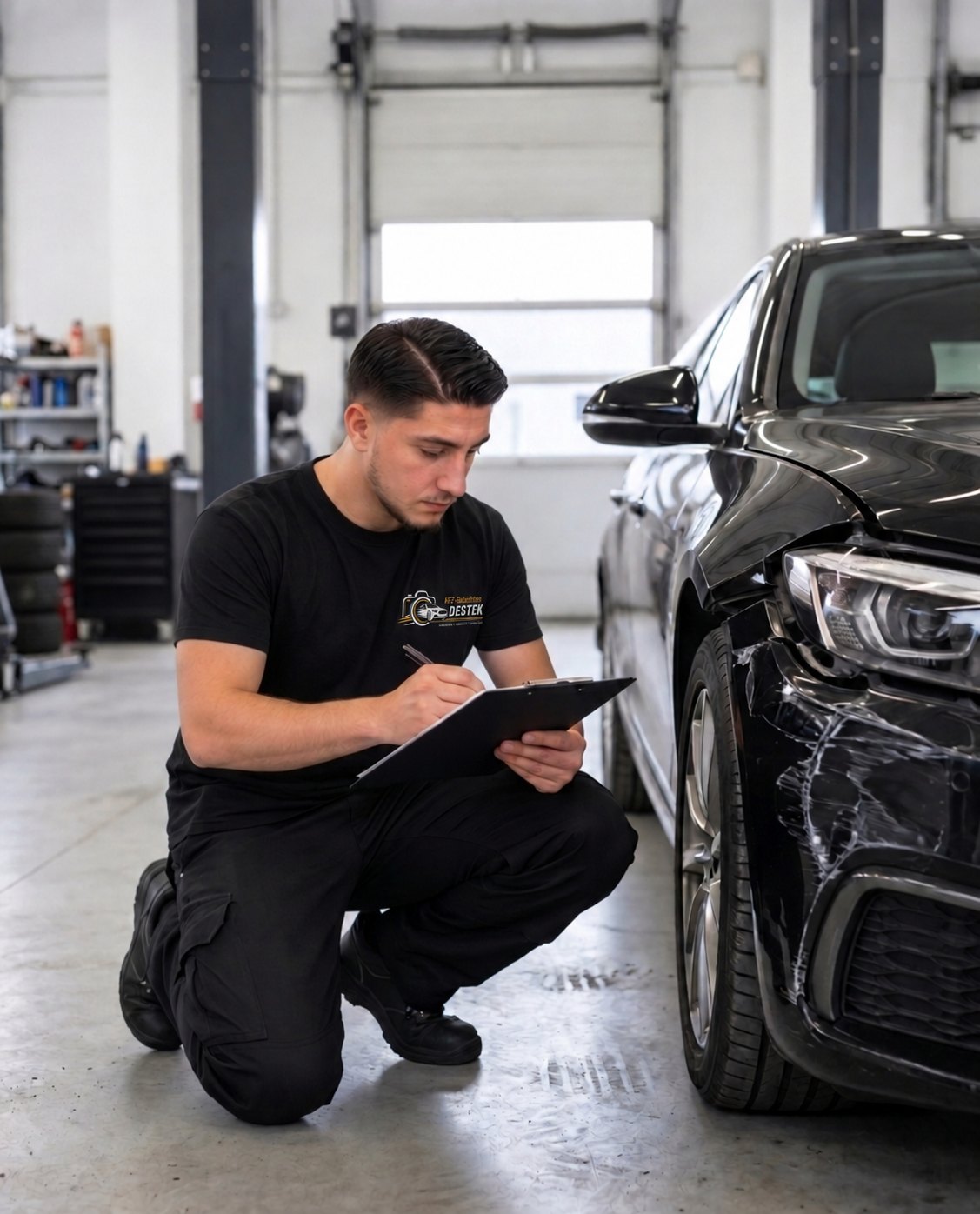 Sergen Destek dokumentiert in der Werkstatt einen Lackschaden an einem Fahrzeug